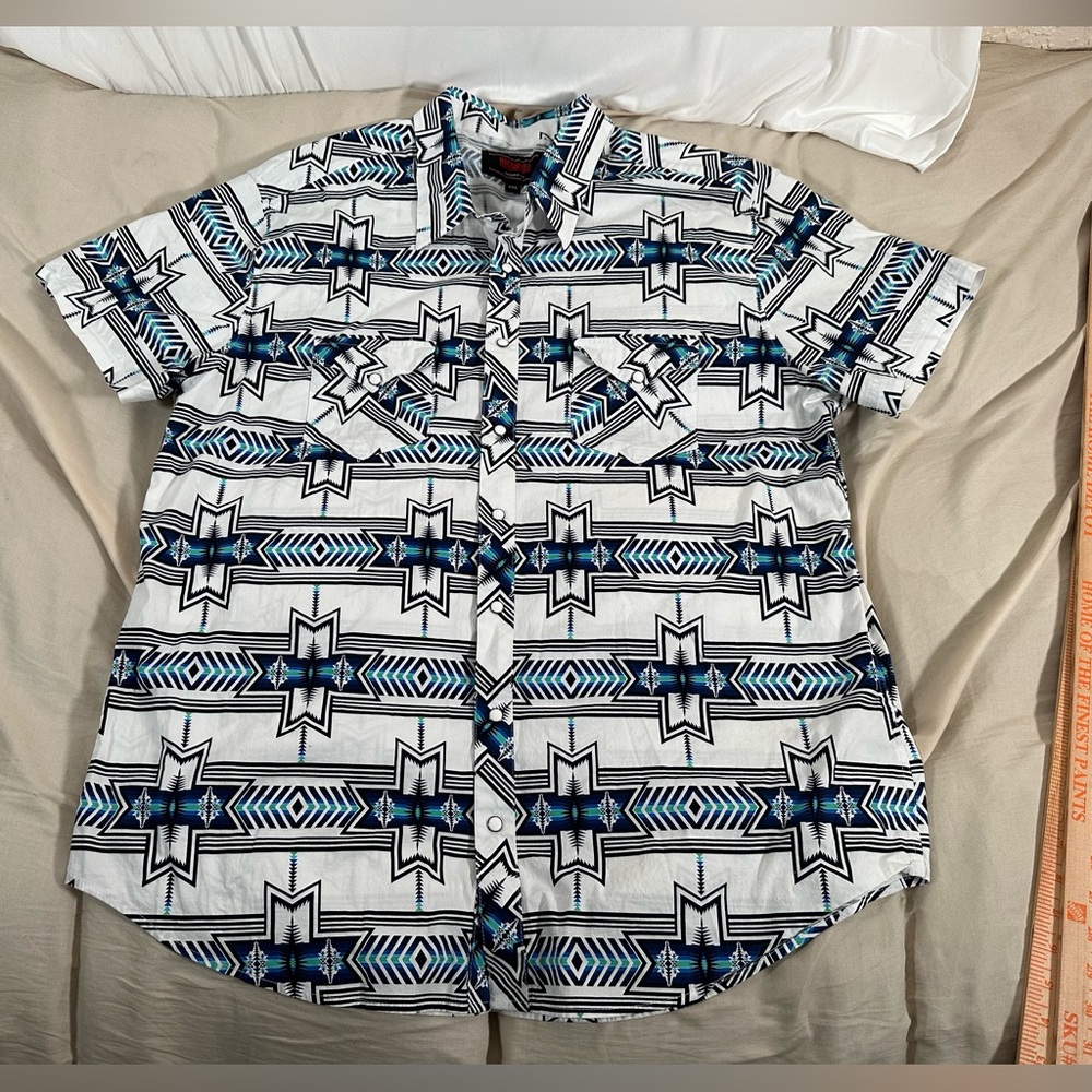 Rock & Roll Denim Men Short Sleeve Western Shirt XXL White Blue Aztec Pearl Snap